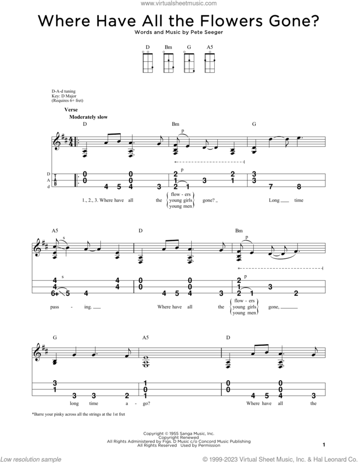 Where Have All The Flowers Gone? sheet music for dulcimer solo by Pete Seeger, Peter, Paul & Mary and The Kingston Trio, intermediate skill level