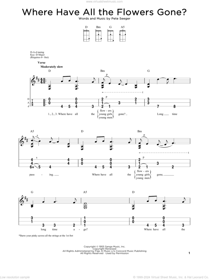 Where Have All The Flowers Gone? sheet music for dulcimer solo by Pete Seeger, Peter, Paul & Mary and The Kingston Trio, intermediate skill level