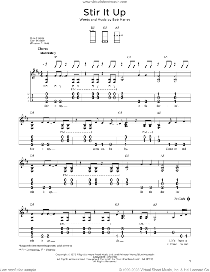 Stir It Up sheet music for dulcimer solo by Bob Marley, intermediate skill level