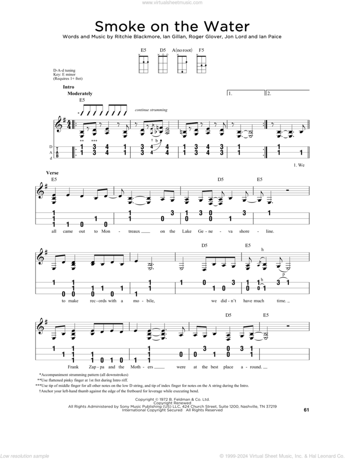 Smoke On The Water sheet music for dulcimer solo by Deep Purple, Ian Gillan, Ian Paice, Jon Lord, Ritchie Blackmore and Roger Glover, intermediate skill level