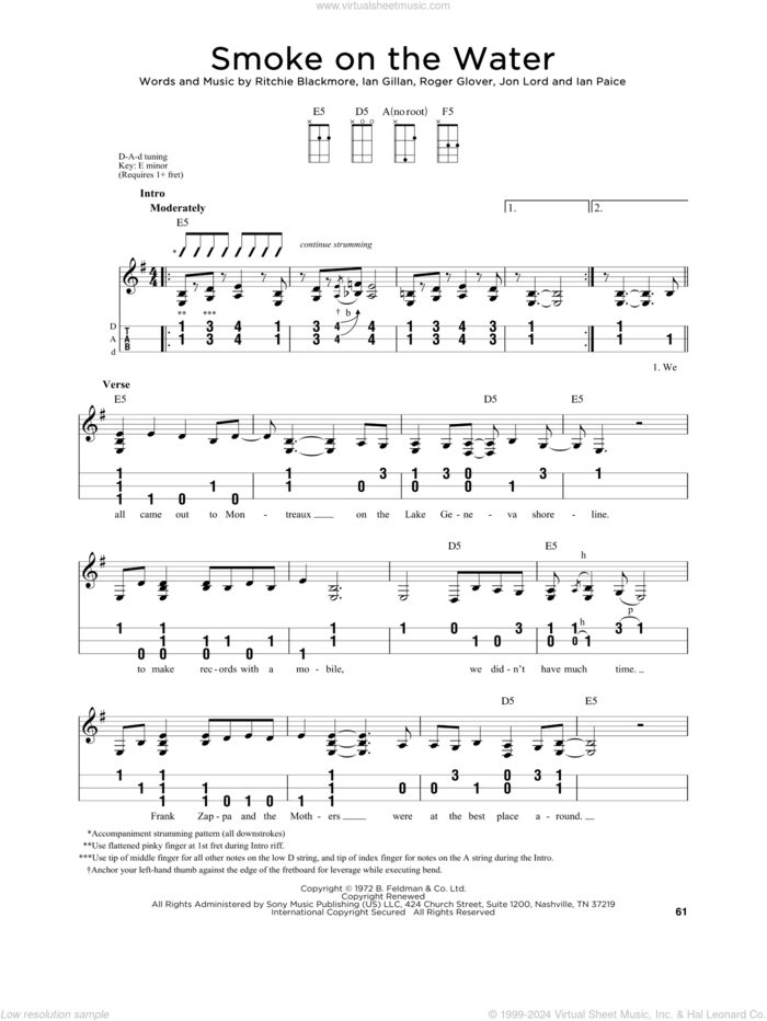 Smoke On The Water sheet music for dulcimer solo by Deep Purple, Ian Gillan, Ian Paice, Jon Lord, Ritchie Blackmore and Roger Glover, intermediate skill level