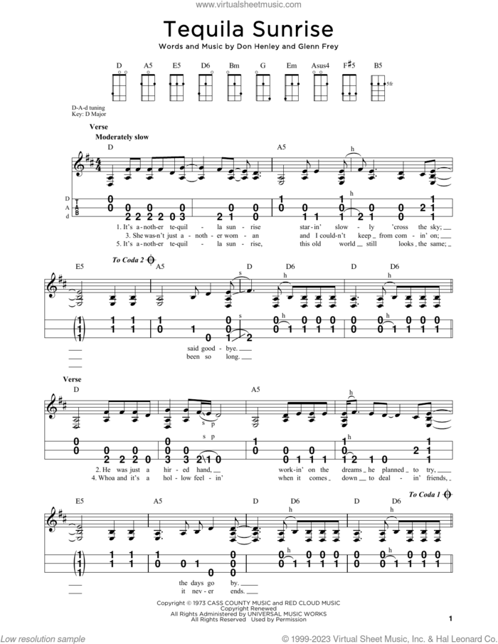 Tequila Sunrise sheet music for dulcimer solo by Don Henley, The Eagles and Glenn Frey, intermediate skill level