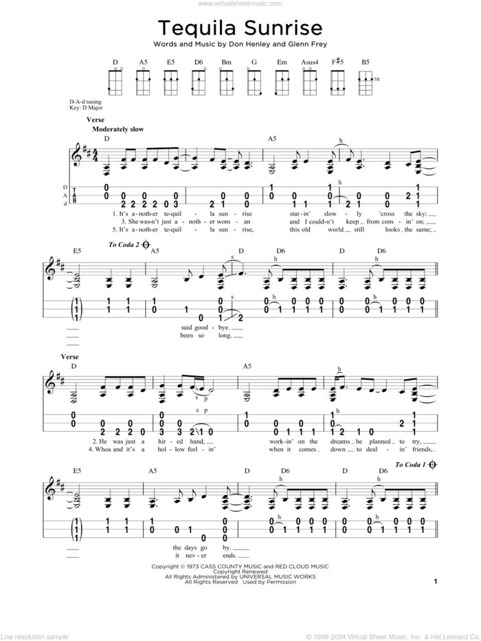 Tequila Sunrise sheet music for dulcimer solo by Glenn Frey, The Eagles and Don Henley, intermediate skill level