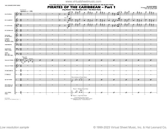 Pirates Of The Caribbean (Part 1) (arr. Brown) sheet music for marching band (full score) by Klaus Badelt and Michael Brown, intermediate skill level