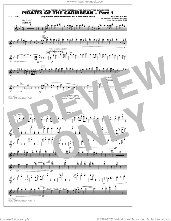 Pirates Of The Caribbean (Part 1) (arr. Brown) sheet music for marching band (flute/piccolo) by Klaus Badelt and Michael Brown, intermediate skill level