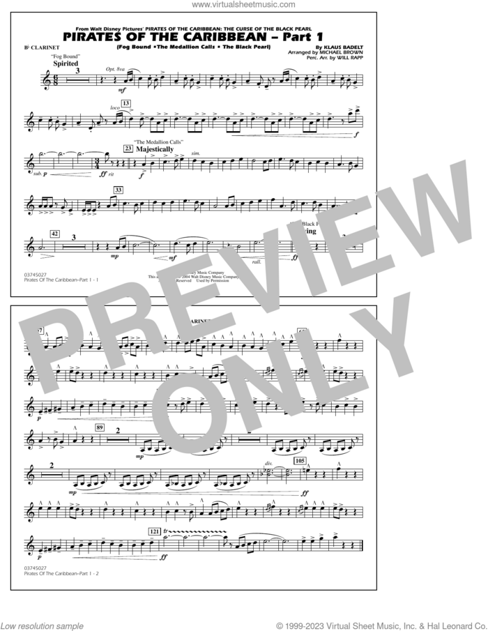 Pirates Of The Caribbean (Part 1) (arr. Brown) sheet music for marching band (Bb clarinet) by Klaus Badelt and Michael Brown, intermediate skill level