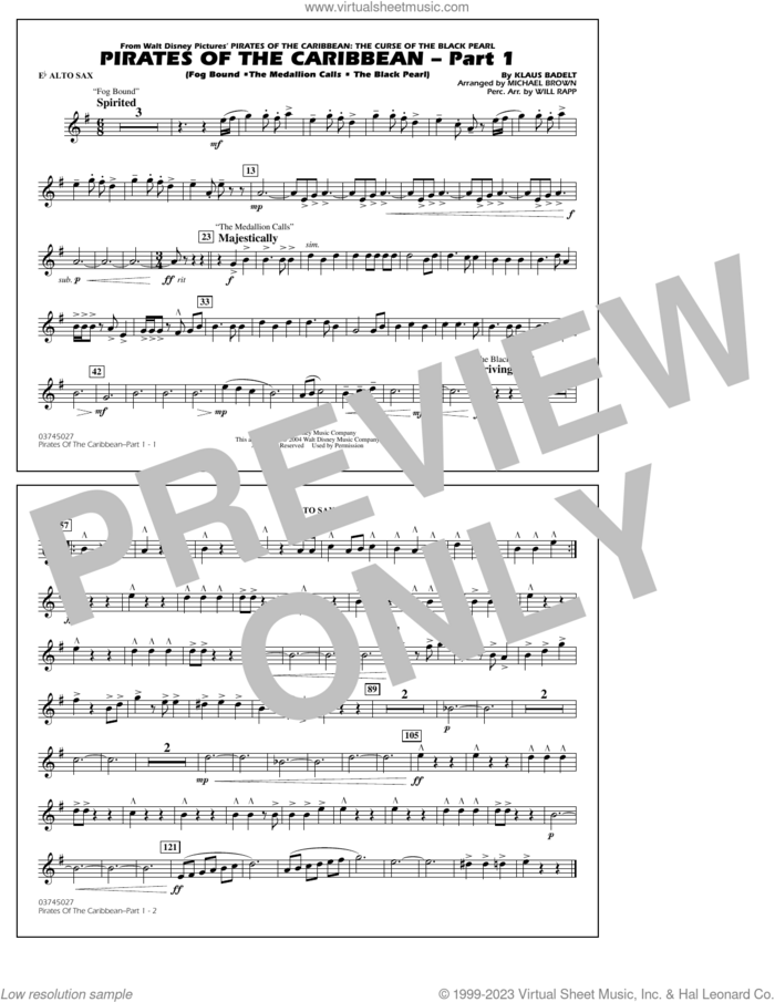 Pirates Of The Caribbean (Part 1) (arr. Brown) sheet music for marching band (Eb alto sax) by Klaus Badelt and Michael Brown, intermediate skill level