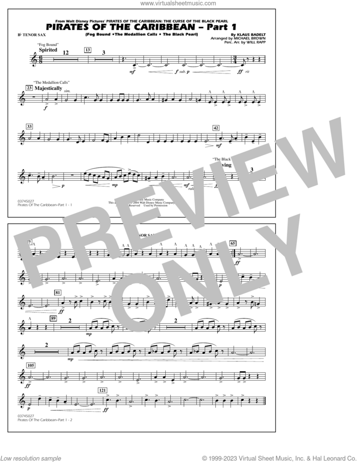 Pirates Of The Caribbean (Part 1) (arr. Brown) sheet music for marching band (Bb tenor sax) by Klaus Badelt and Michael Brown, intermediate skill level