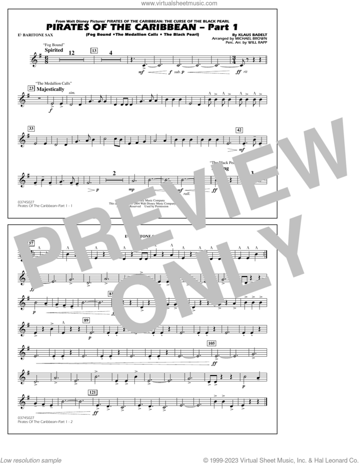 Pirates Of The Caribbean (Part 1) (arr. Brown) sheet music for marching band (Eb baritone sax) by Klaus Badelt and Michael Brown, intermediate skill level