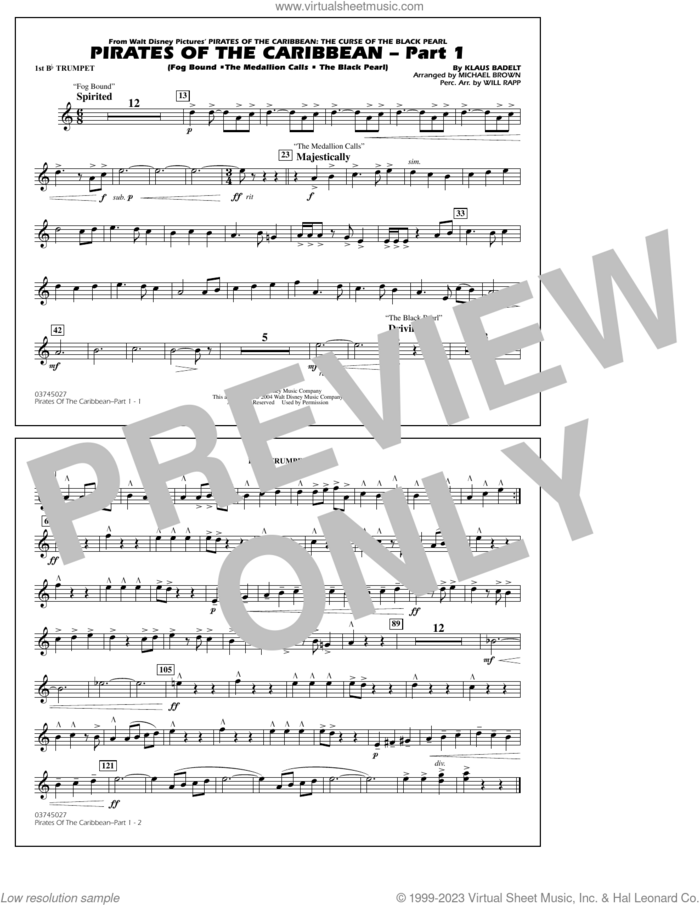 Pirates Of The Caribbean (Part 1) (arr. Brown) sheet music for marching band (1st Bb trumpet) by Klaus Badelt and Michael Brown, intermediate skill level
