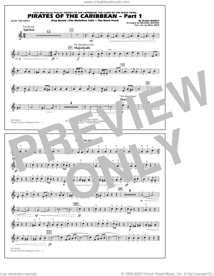 Pirates Of The Caribbean (Part 1) (arr. Brown) sheet music for marching band (2nd Bb trumpet) by Klaus Badelt and Michael Brown, intermediate skill level