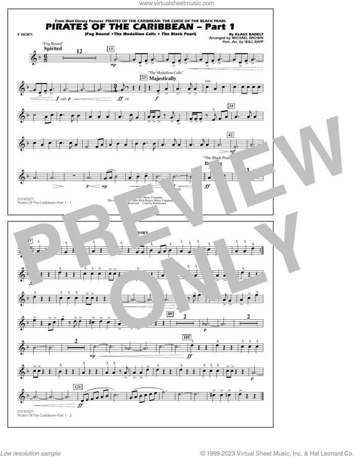 Pirates Of The Caribbean (Part 1) (arr. Brown) sheet music for marching band (f horn) by Klaus Badelt and Michael Brown, intermediate skill level