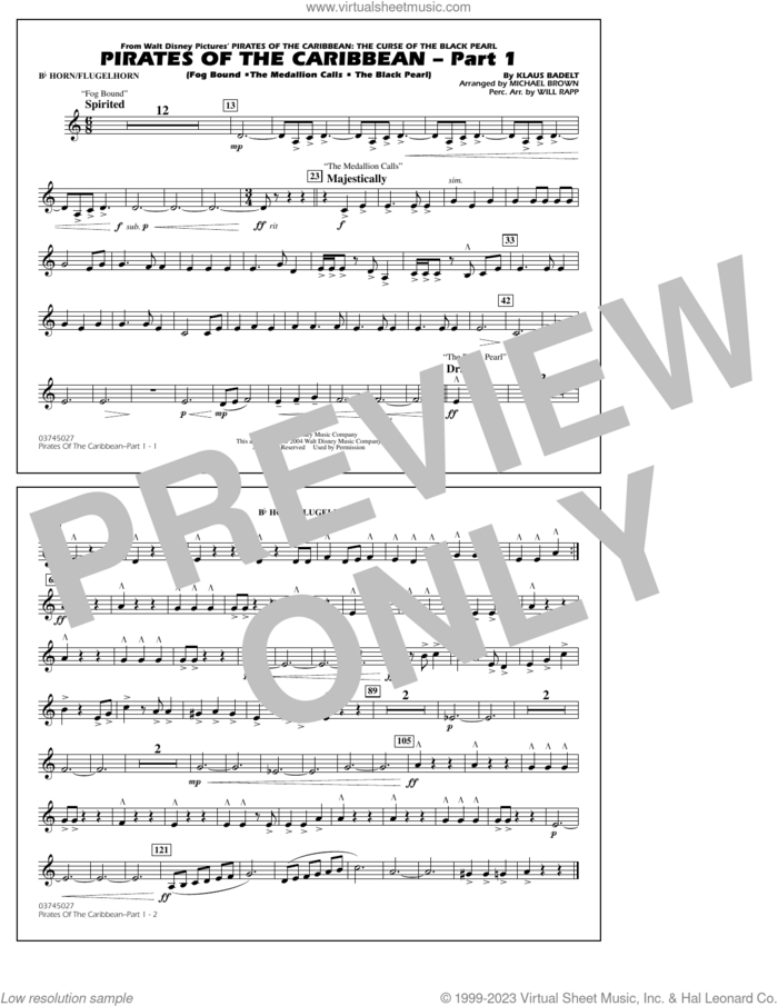 Pirates Of The Caribbean (Part 1) (arr. Brown) sheet music for marching band (Bb horn/flugelhorn) by Klaus Badelt and Michael Brown, intermediate skill level