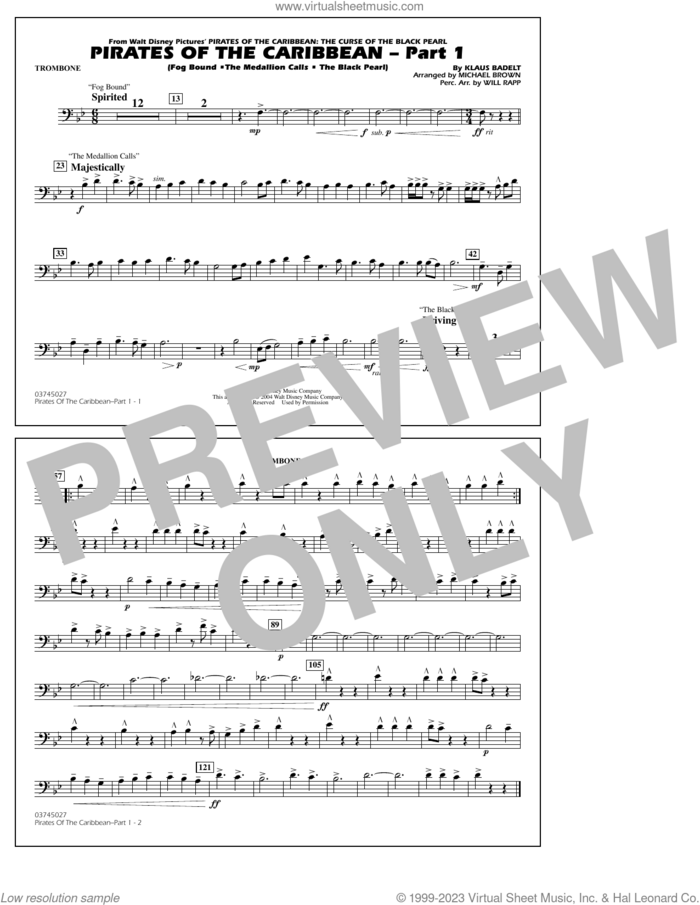 Pirates Of The Caribbean (Part 1) (arr. Brown) sheet music for marching band (trombone) by Klaus Badelt and Michael Brown, intermediate skill level