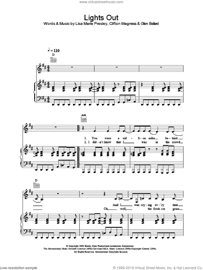 Lights Out sheet music for voice, piano or guitar by Lisa Marie Presley, intermediate skill level