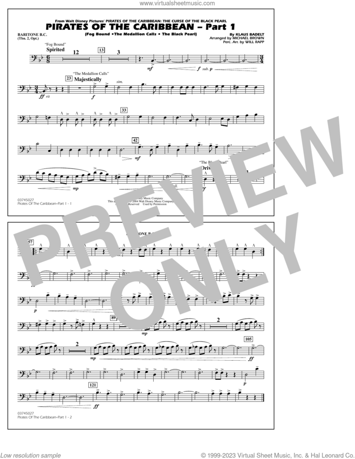 Pirates Of The Caribbean (Part 1) (arr. Brown) sheet music for marching band (baritone b.c., opt. tbn. 2) by Klaus Badelt and Michael Brown, intermediate skill level