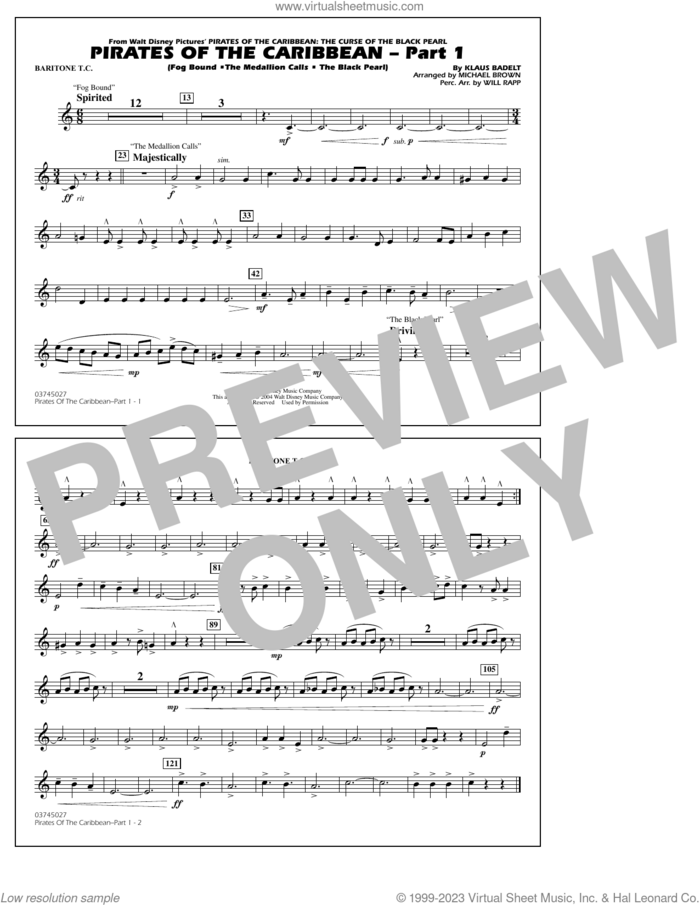 Pirates Of The Caribbean (Part 1) (arr. Brown) sheet music for marching band (baritone t.c.) by Klaus Badelt and Michael Brown, intermediate skill level