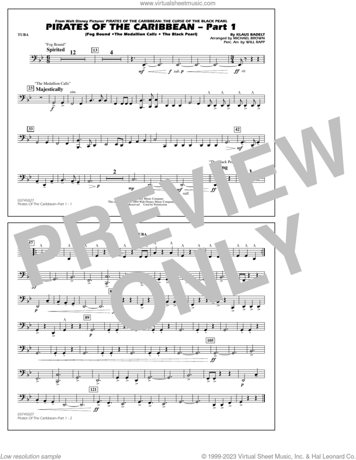 Pirates Of The Caribbean (Part 1) (arr. Brown) sheet music for marching band (tuba) by Klaus Badelt and Michael Brown, intermediate skill level