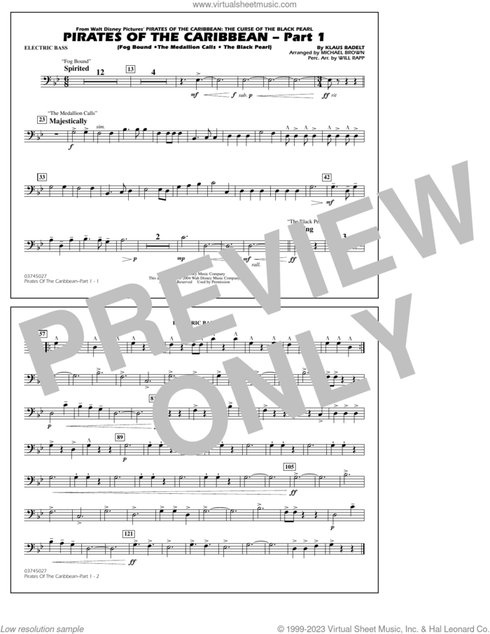 Pirates Of The Caribbean (Part 1) (arr. Brown) sheet music for marching band (electric bass) by Klaus Badelt and Michael Brown, intermediate skill level