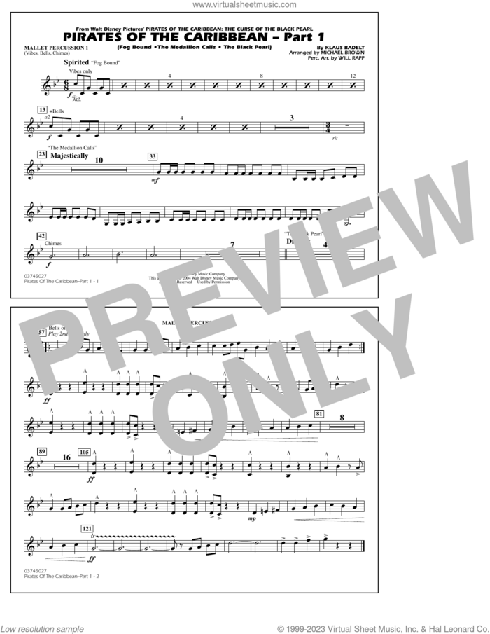 Pirates Of The Caribbean (Part 1) (arr. Brown) sheet music for marching band (mallet percussion 1) by Klaus Badelt and Michael Brown, intermediate skill level