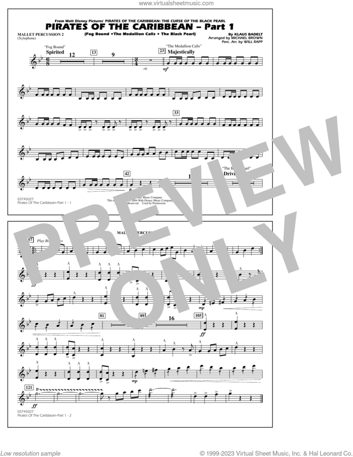 Pirates Of The Caribbean (Part 1) (arr. Brown) sheet music for marching band (mallet percussion 2) by Klaus Badelt and Michael Brown, intermediate skill level