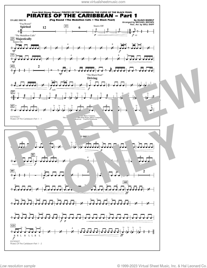 Pirates Of The Caribbean (Part 1) (arr. Brown) sheet music for marching band (snare drum) by Klaus Badelt and Michael Brown, intermediate skill level