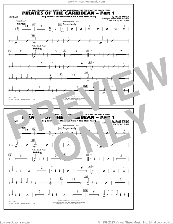 Pirates Of The Caribbean (Part 1) (arr. Brown) sheet music for marching band (cymbals) by Klaus Badelt and Michael Brown, intermediate skill level
