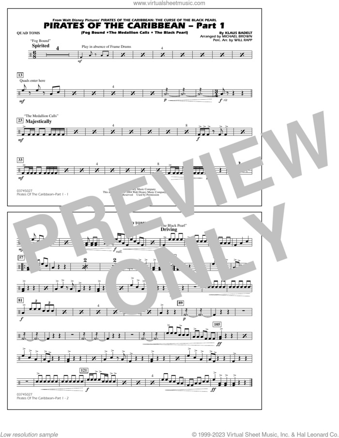 Pirates Of The Caribbean (Part 1) (arr. Brown) sheet music for marching band (quad toms) by Klaus Badelt and Michael Brown, intermediate skill level