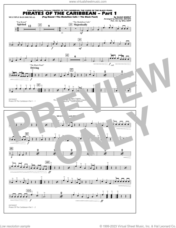 Pirates Of The Caribbean (Part 1) (arr. Brown) sheet music for marching band (multiple bass drums) by Klaus Badelt and Michael Brown, intermediate skill level