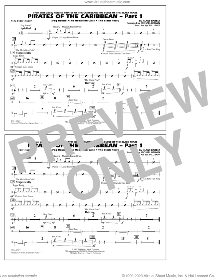 Pirates Of The Caribbean (Part 1) (arr. Brown) sheet music for marching band (aux percussion) by Klaus Badelt and Michael Brown, intermediate skill level