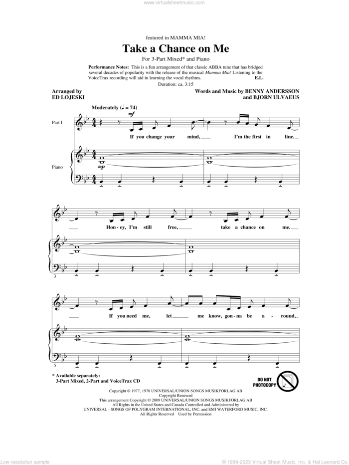 Take A Chance On Me sheet music for choir (3-Part Mixed) by Benny Andersson, Bjorn Ulvaeus, ABBA and Ed Lojeski, intermediate skill level
