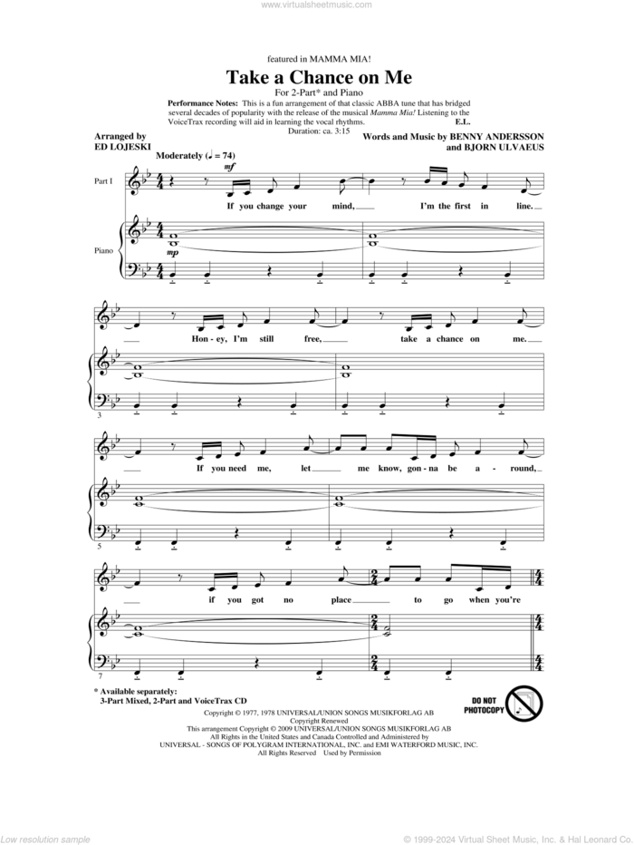 Take A Chance On Me (arr. Ed Lojeski) sheet music for choir (2-Part) by Benny Andersson, Bjorn Ulvaeus, Miscellaneous, ABBA and Ed Lojeski, intermediate duet