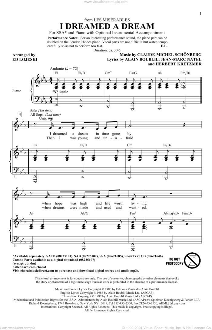 I Dreamed A Dream (from Les Miserables) (arr. Ed Lojeski) sheet music for choir (SSA: soprano, alto) by Alain Boublil, Claude-Michel Schonberg, Herbert Kretzmer, Jean-Marc Natel, Boublil and Schonberg and Ed Lojeski, intermediate skill level