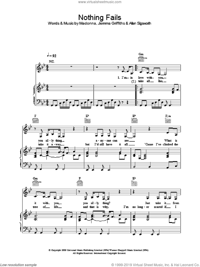 Nothing Fails sheet music for voice, piano or guitar by Madonna, intermediate skill level