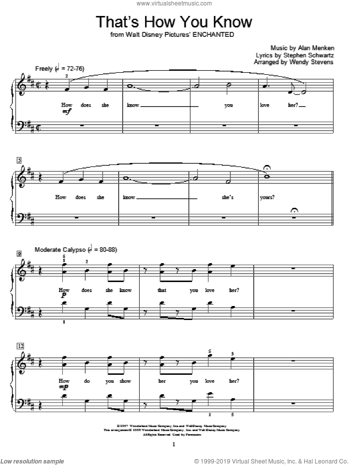 That's How You Know (from Enchanted) (arr. Wendy Stevens) sheet music for piano solo (elementary) by Amy Adams, Enchanted (Movie), Miscellaneous, Wendy Stevens, Alan Menken and Stephen Schwartz, beginner piano (elementary)