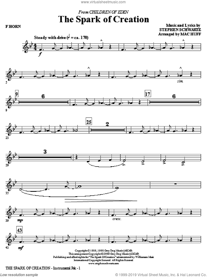 The Spark of Creation (from Children of Eden) (complete set of parts) sheet music for orchestra/band by Stephen Schwartz and Mac Huff, intermediate skill level