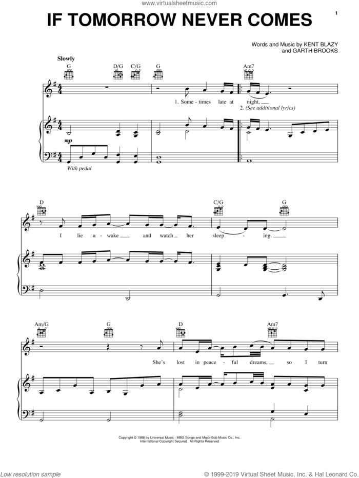 If Tomorrow Never Comes sheet music for voice, piano or guitar by Garth Brooks and Kent Blazy, intermediate skill level