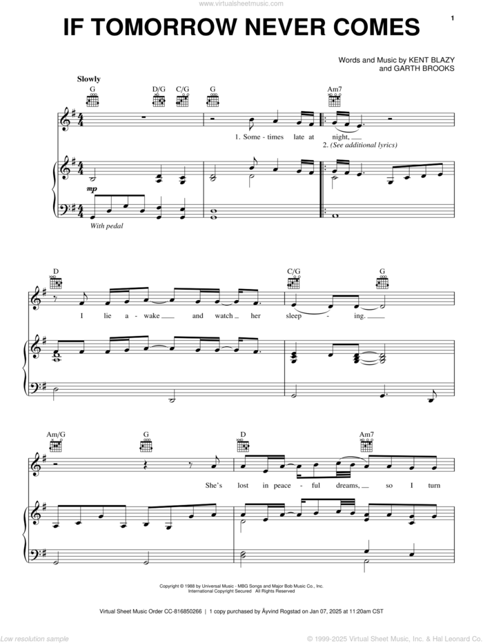 If Tomorrow Never Comes sheet music for voice, piano or guitar by Garth Brooks and Kent Blazy, intermediate skill level