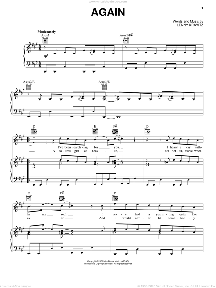 Again sheet music for voice, piano or guitar by Lenny Kravitz, intermediate skill level