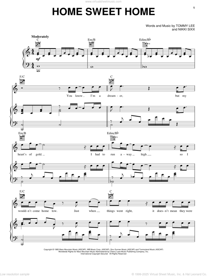 Home Sweet Home sheet music for voice, piano or guitar by Motley Crue, Carrie Underwood, Mikki Sixx and Tommy Lee, intermediate skill level