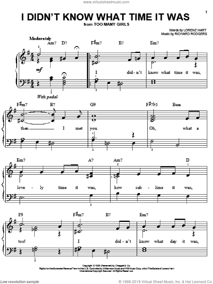 I Didn't Know What Time It Was sheet music for piano solo by Rodgers & Hart, Lorenz Hart and Richard Rodgers, easy skill level