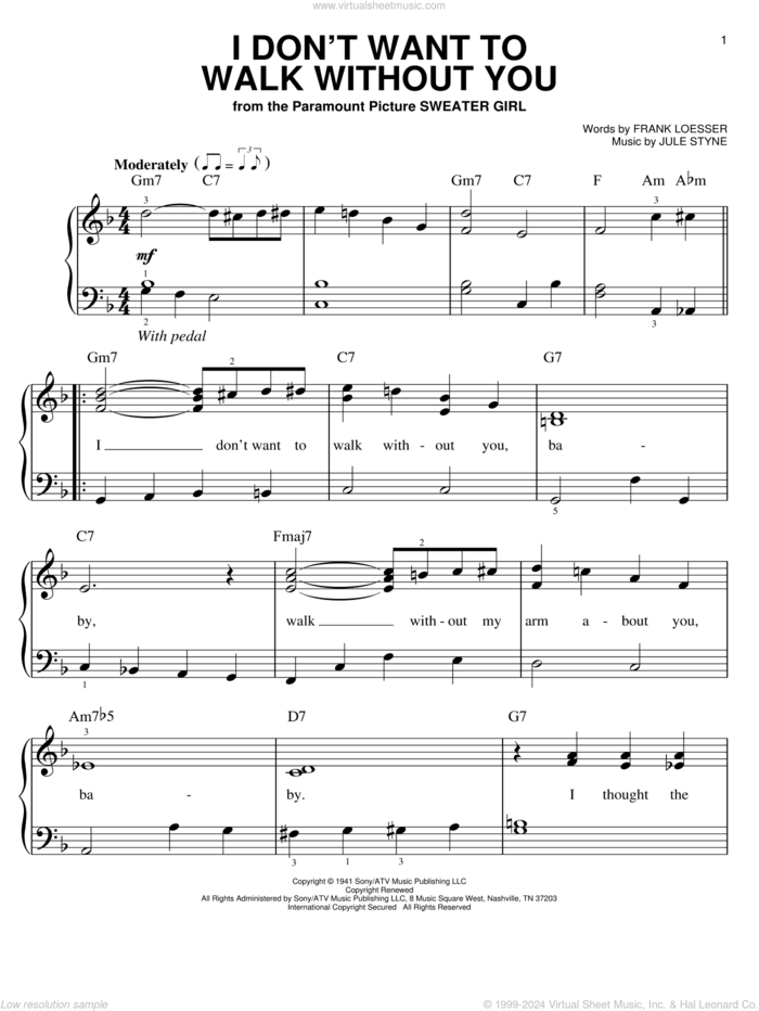 I Don't Want To Walk Without You sheet music for piano solo by Frank Loesser and Jule Styne, wedding score, easy skill level
