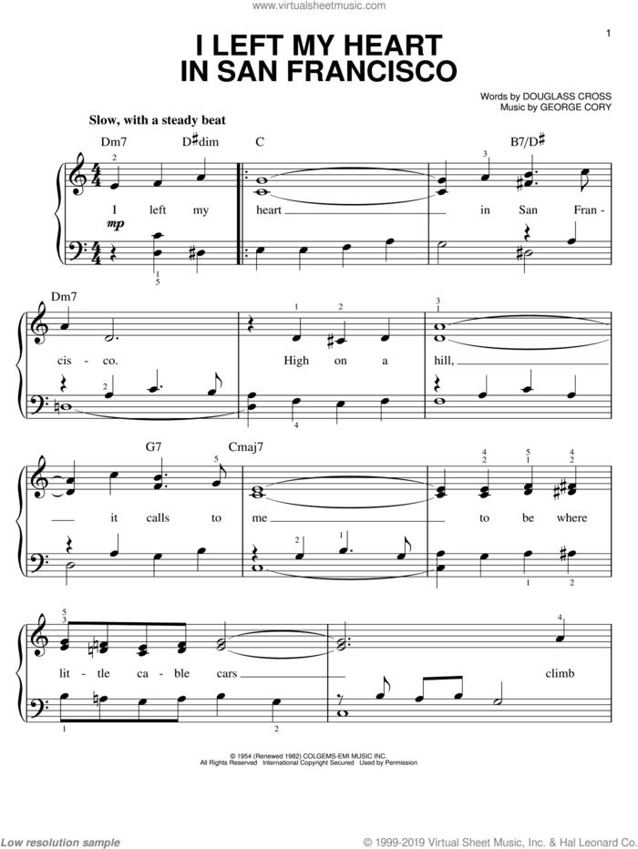 I Left My Heart In San Francisco, (easy) sheet music for piano solo by Tony Bennett, Douglass Cross and George Cory, easy skill level