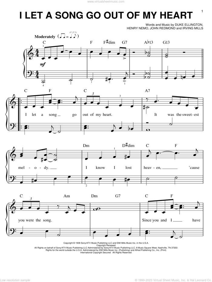 I Let A Song Go Out Of My Heart sheet music for piano solo by Duke Ellington, Henry Nemo, Irving Mills and John Redmond, easy skill level