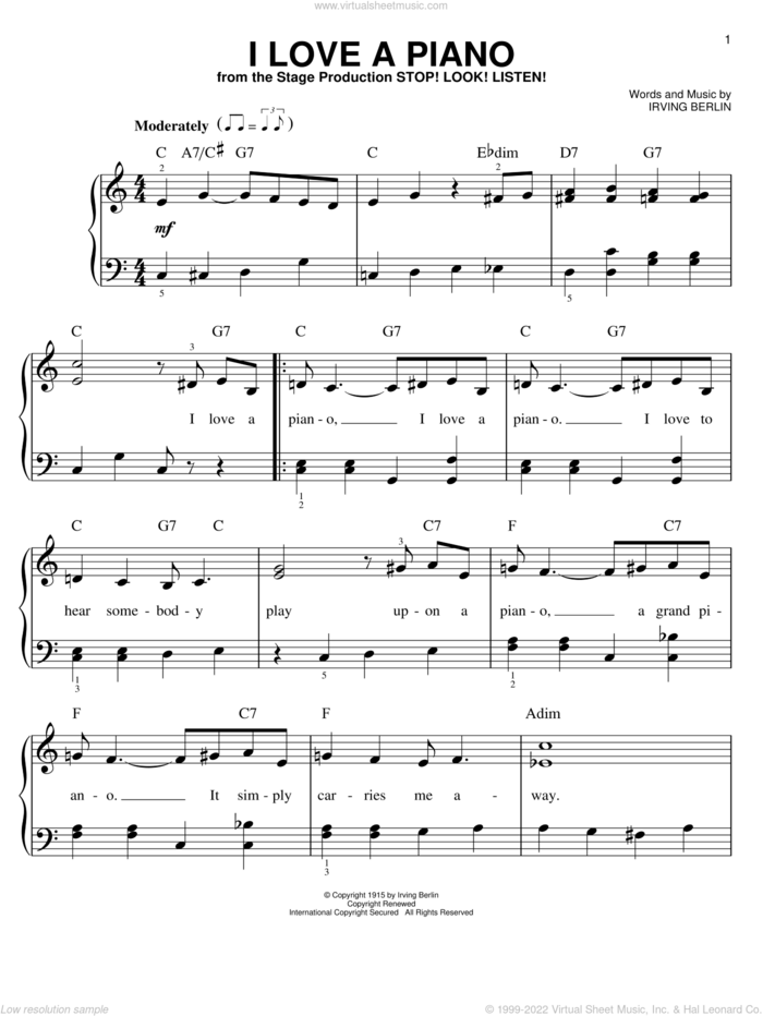 I Love A Piano, (easy) sheet music for piano solo by Irving Berlin and White Christmas (Musical), easy skill level