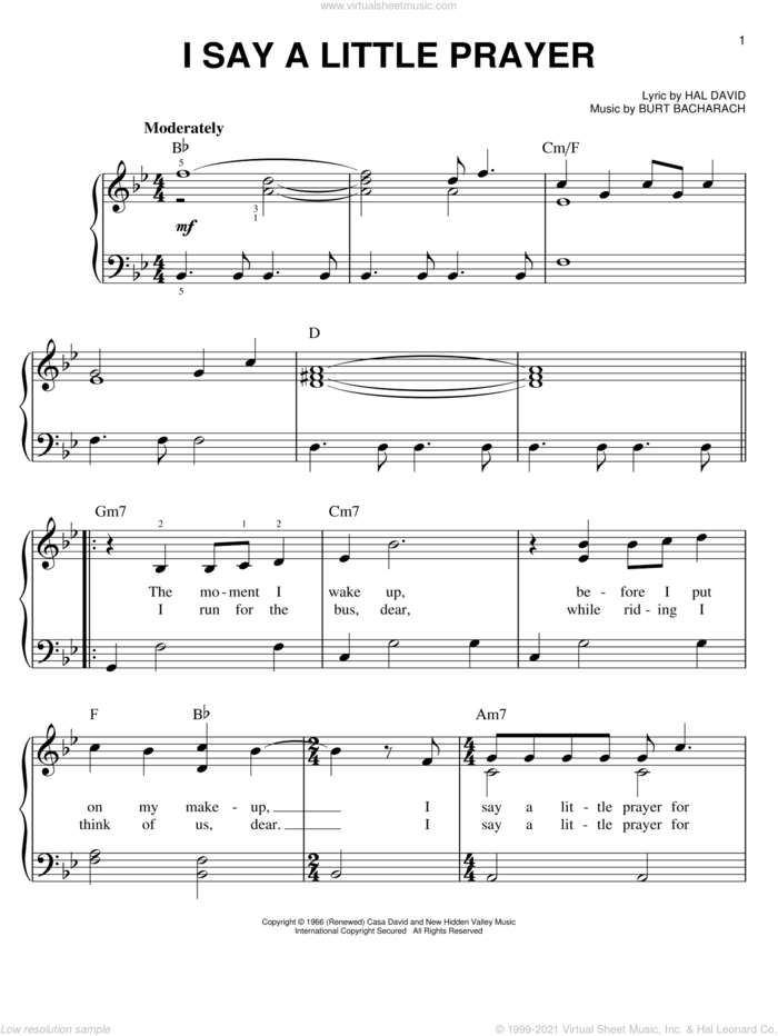 I Say A Little Prayer, (easy) sheet music for piano solo by Dionne Warwick, Bacharach & David, Promises, Promises (Musical), Burt Bacharach and Hal David, easy skill level