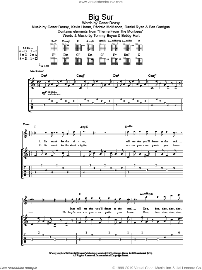Big Sur sheet music for guitar (tablature) by The Thrills, intermediate skill level