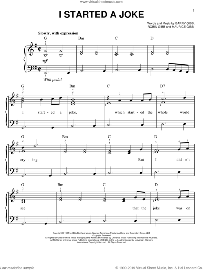 I Started A Joke sheet music for piano solo by Bee Gees, Barry Gibb, Maurice Gibb and Robin Gibb, easy skill level