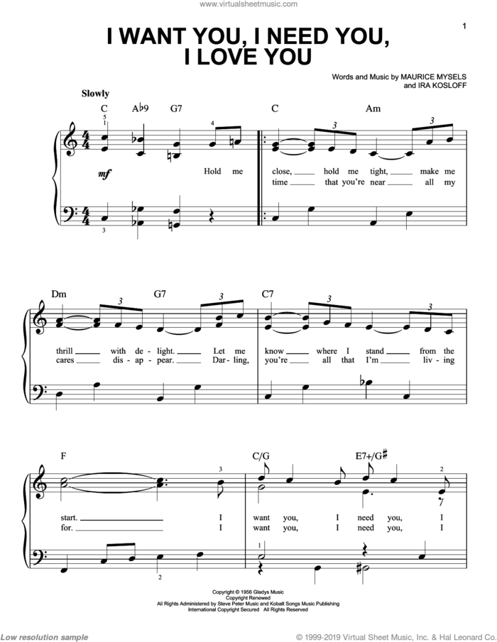 I Want You, I Need You, I Love You sheet music for piano solo by Elvis Presley, Ira Kosloff and Maurice Mysels, easy skill level