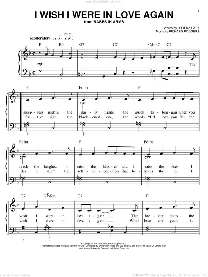 I Wish I Were In Love Again sheet music for piano solo by Rodgers & Hart, Babes In Arms (Musical), Lorenz Hart and Richard Rodgers, easy skill level